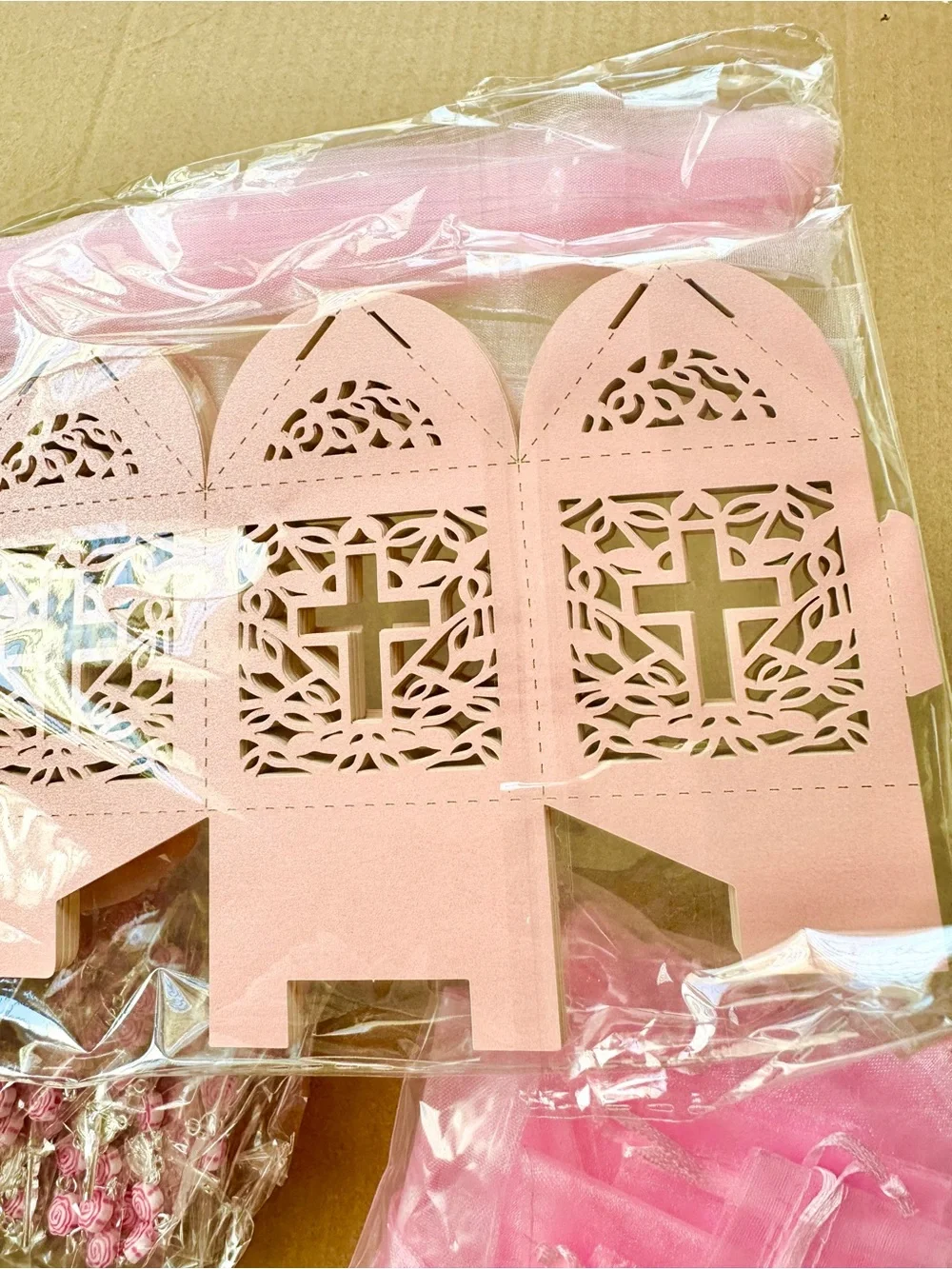 100 Piece Pink Baptism Favors Set with Rosary, Tags, Pink Bags, Cross Boxes